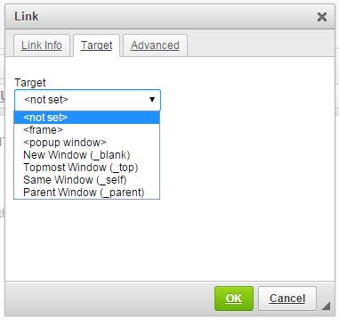The link drop-down menu is displayed above. 5. For most links, you will select with new window or same window. 6. Click [OK].