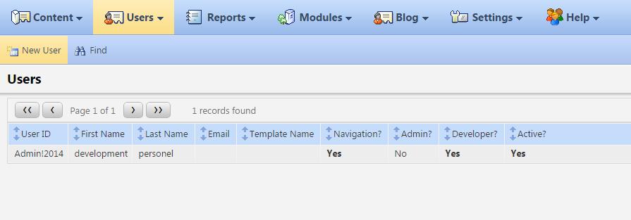 1. When logged into the CMS, use the [Users] Module tab in the Interface Navigation; select the "CMS Users" tab. 2. Click on the [New User] button under the tabs.