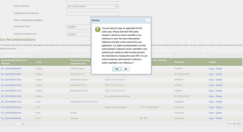 The user should be informed that if the same breeder s reference is used, the original application data will be removed from the database. The same IRN is used for the new application data.