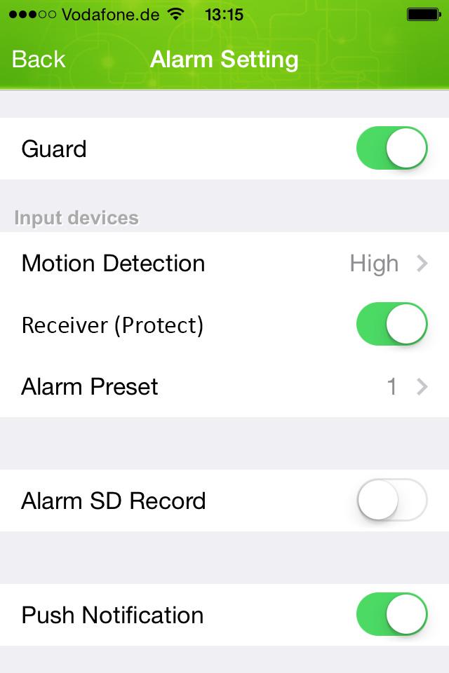 Operating the Camera (ios) Alarm Setting Push Notification You can use this option to define whether the ProHomeIPC App push notifications should be sent to your smartphone or tablet PC when the