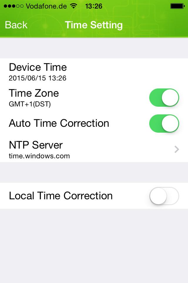 Operating the Camera (ios) Time Setting Time Setting This option provides information and functions regarding the time settings used. 1. Touch Time Setting in the Settings menu. 2.