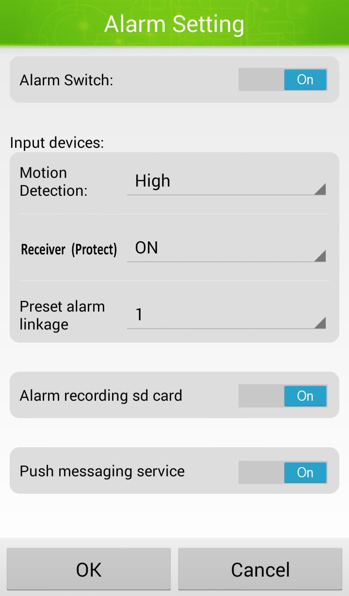 Operating the Camera (Android) Alarm Setting Push Notification You can use this option to define whether the ProHomeIPC App push notifications should be sent to your smartphone or tablet PC when the