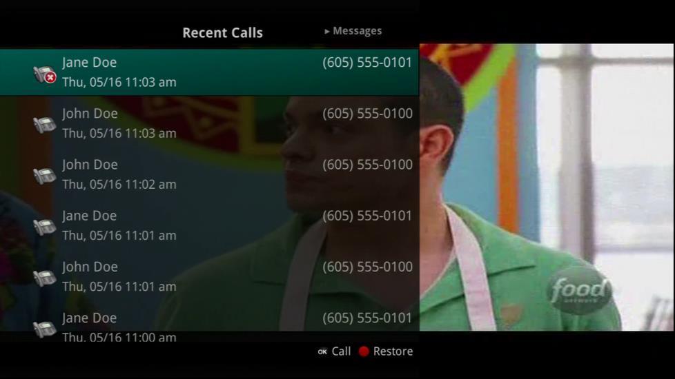 Here is an example of Caller ID display on the TV: Press the Green button at any time to see your Caller ID Recent Calls list.