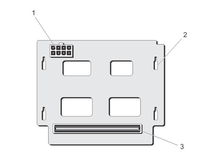 Figure 47. Power-Interposer Board Connectors 1. 8-pin power connector 2. retaining slots (4) 3.
