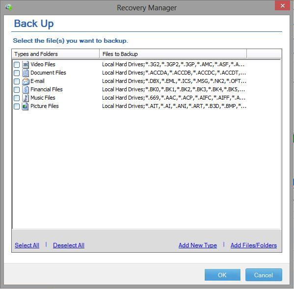 Select the checkbox for type of folders or files you would like to backup.