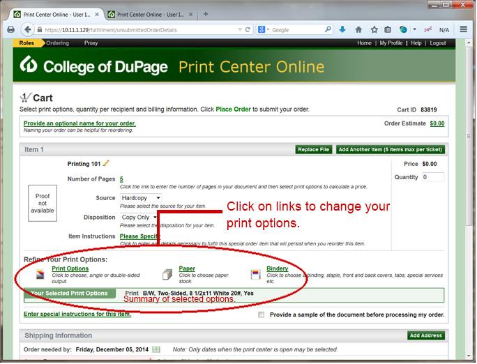 d. Select Print Options by clicking on the links next in the Refine Your Print Options section.