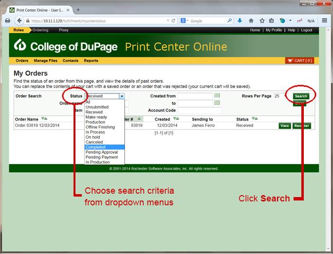 2. Choose search criteria from the Status dropdown menu and click on
