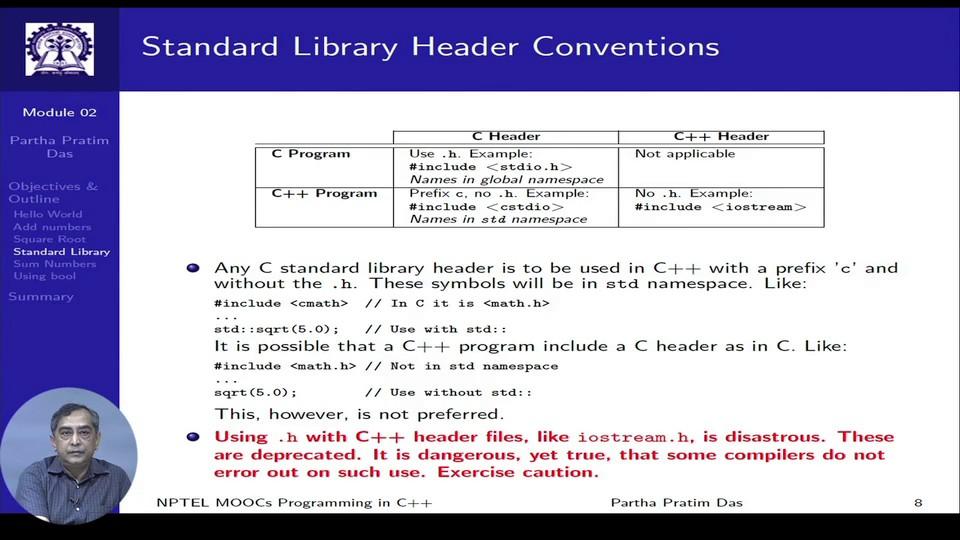 (Refer Slide Time: 16:38) Now, I would like to highlight something, which is very specific about headers in of standard library.