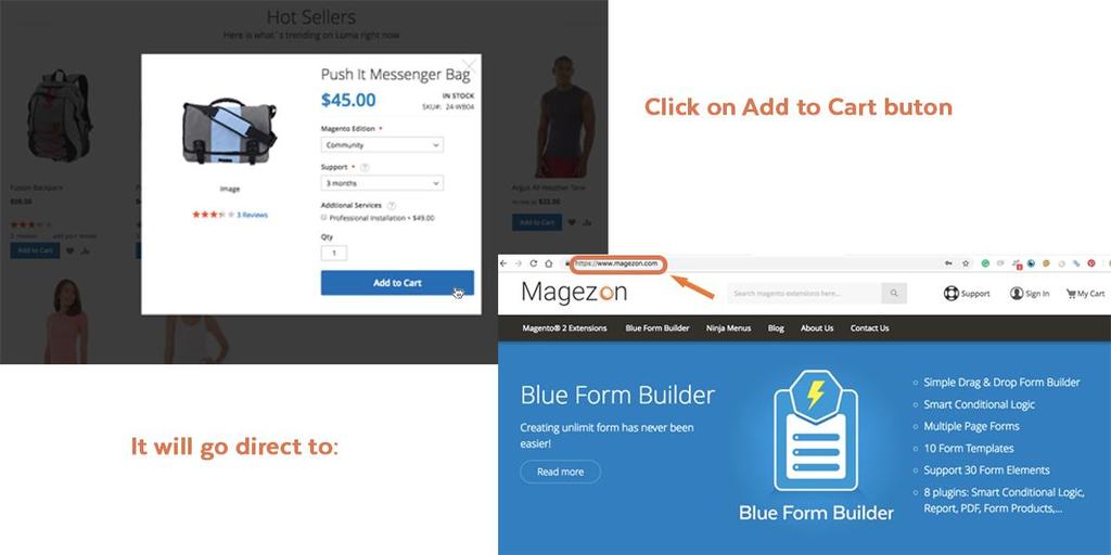3. Link to desired page after adding item Add your desired link into the field of After Adding a Product Redirect to. This case, we make it be https://www.magezon.