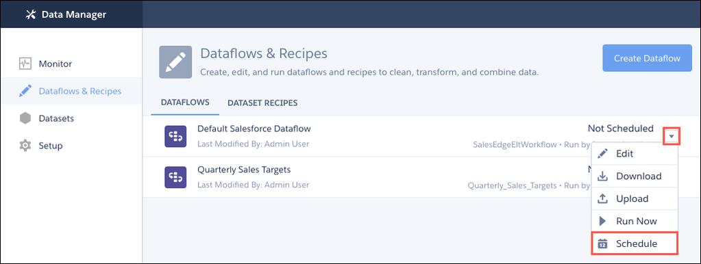 Create Datasets with the Dataflow Schedule a Dataflow Note: You can have up to 40 dataflow runs in a rolling 24-hour period.