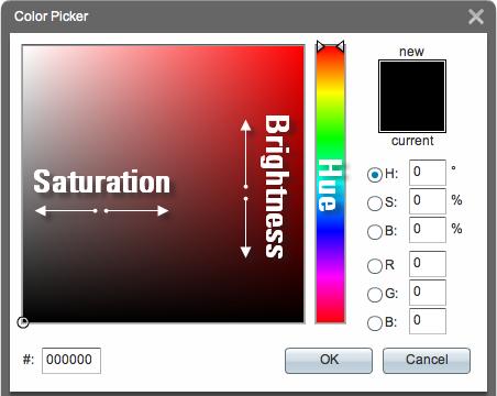 Drag the range slider to set a value visually. Enter saturation and brightness values in the S% and B% fields respectively.