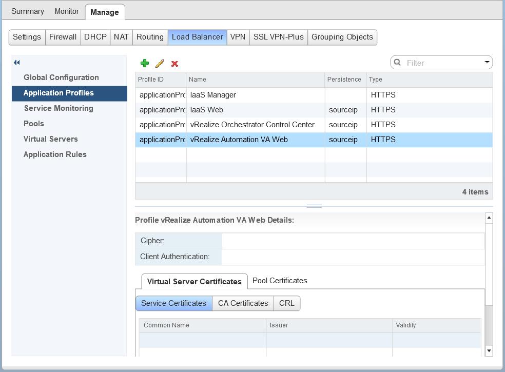 Add Application Profiles You must add application profiles for the different components of vrealize Automation. 1. Click Application Profiles in the pane on the left. 2.