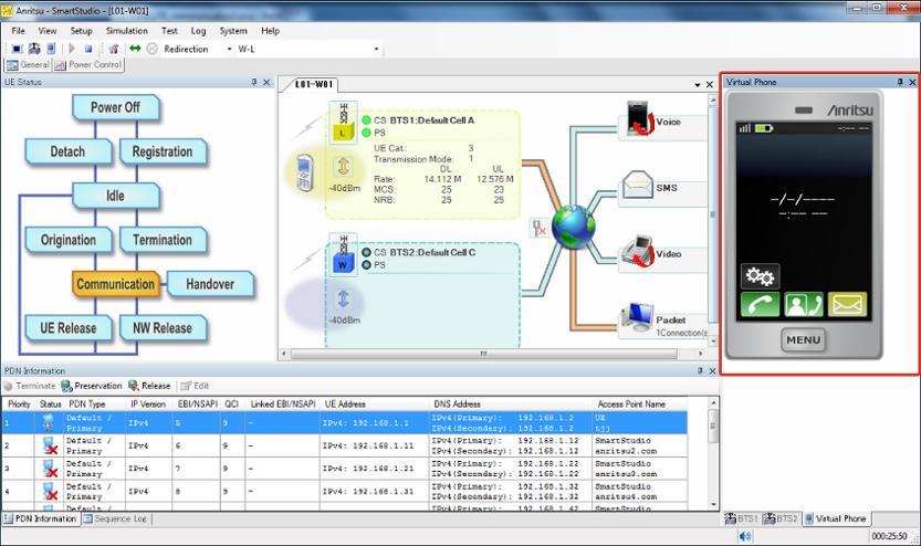 by the SmartStudio GUI to connect to the W-CDMA circuit switching network and make a voice call from the network side.
