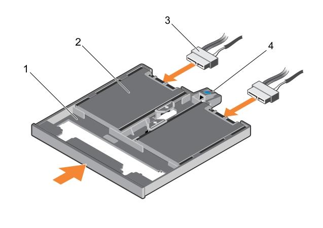 Figure 39. Installing the 1.8-inch SSD tray 1. SSD tray 2. SSD 3. data and power cable 4. tray release tab Next steps Follow the procedure listed in After working inside your system.