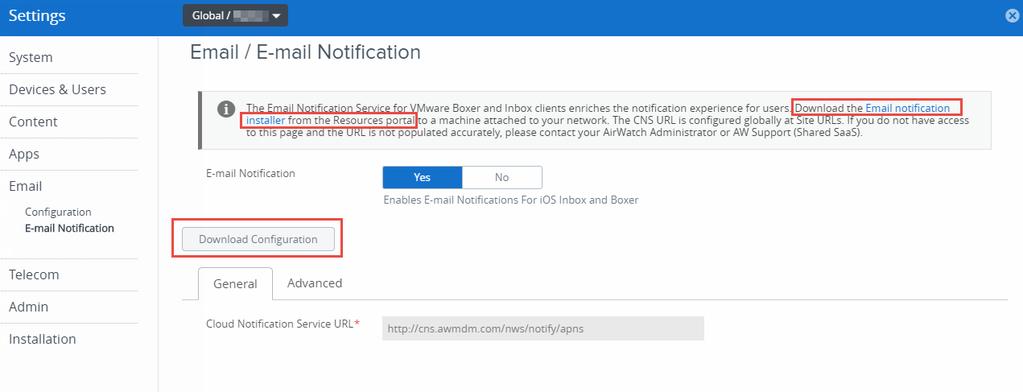 6. Select the Email Notification Installer link. You are redirected to the VMware AirWatch Resources Portal to download the ENS installer. 7. Select Download Configuration. 8.