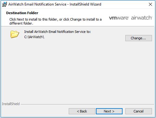 3. Click Next to install ENS to the default folder, C:\AirWatch\. 4. Click Browse and select the ENS configuration file. 5.