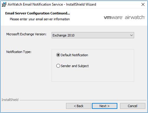 a. If you select the Exchange version as Exchange 2010, 2013, or 2016, then enter the ENS server details. Click Next.