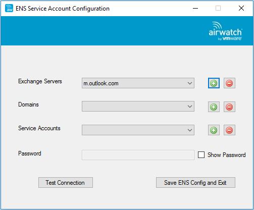 Chapter 3: Multiple Exchange Servers and Service Account Configuration 5. The ENS Service Account Configuration Tool reappears with the new Hostname/I.P. Address data in the Exchange Servers field.
