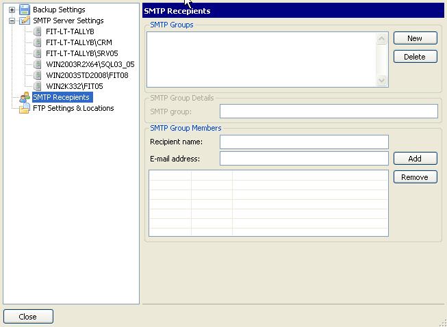 Enter your SMTP server settings Note: SMTP server settings may be specified for each server separately. Select SMTP Recipients. Add a group by pressing the new button and adding a group name.