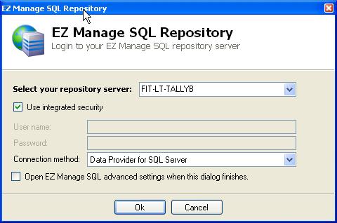 Select the repository server from the list of available servers. Note: EZManage SQL searches for the servers that are available on the network.