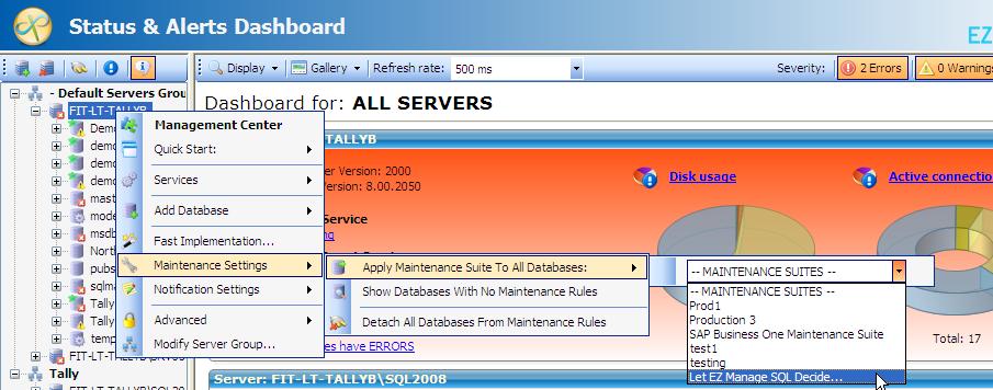 4 Configuring EZManage SQL 4.1 Fast Implementation: Applying Maintenance Suites EZManage SQL uses rules to apply maintenance actions to each database.