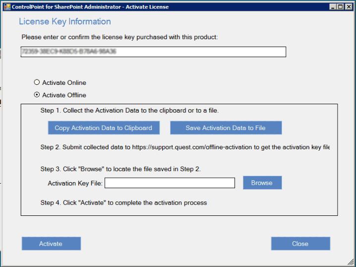 4 Select Activate Offline. 5 Follow the instructions that display in the dialog to complete the activation process: a) Collect the Activation Data.