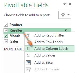 The Field Section contains the names of the fields that you can add to your pivot table. The filed names correspond to the column names of your source table.