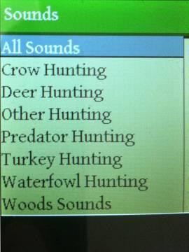 2. In Sounds screen push SCROLL or to navigate through all sound options and highlight desired sound category and push SELECT. Example: Select Predator Hunting.