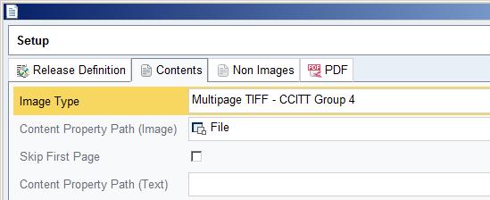 5. Click the Contents tab. The following properties can be defined: o Image Type Select the desired image type. For example Multipage TIFF CCITT Group 4.