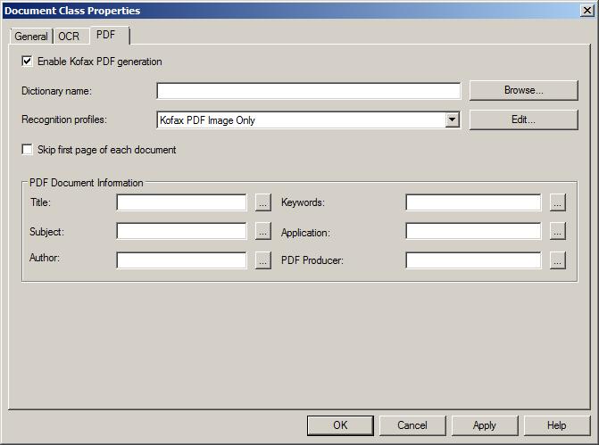 8. Click the PDF tab and select Enable Kofax PDF generation. 9. Click OK. When defining the configuration for the export connector several settings can be made.