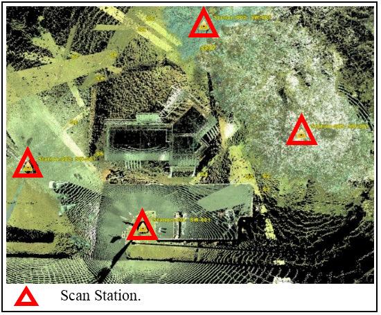 Figure 8. The façade of Eco-home building unify well and cleaning process is done to remove unnecessary points cloud. Figure 6. The different scan station scanning the façade of the Eco-home building.