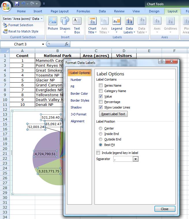 Common Graphs Pie Charts, cont d 3. Under the Data Labels tab, you may check the boxes to add series or category names, numerical values, and/or percentages for each piece.