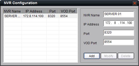 Input the NVR server name, IP address and port, and click key to