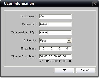 Click Modify to change the user name and password; click Delete to delete the user. Status means privilege granted, status means privilege not granted.