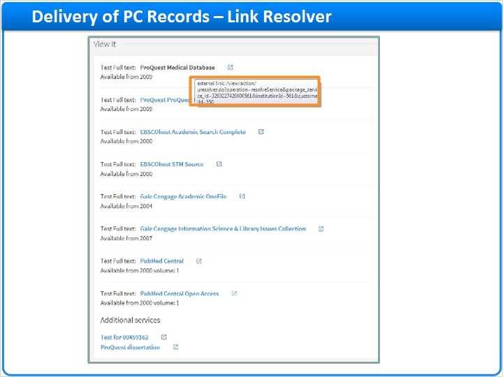 1.10 Delivery of PC Records Link Resolver Most of the resources from Primo Central, however, use your link resolver to bring the user to the full text.