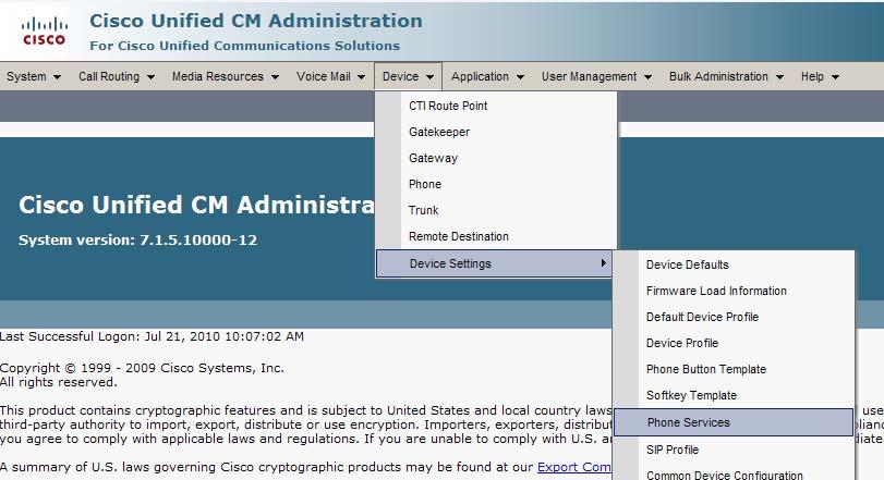 Following steps will guide you in configuring the Service. 1. Open the main CCM page in the browser. The URL for this is: https://<ip of CallManager>/ccmadmin 2.