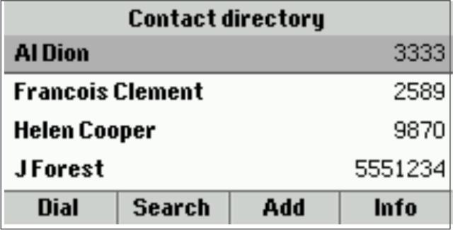 Contacts To access your contact directory: 1. From the Home view, select the Directories softkey. Or, from the Lines view, select Directory. 2. Press Contact Directory.