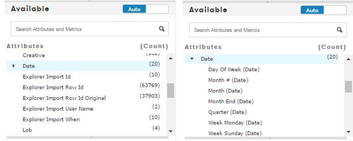 Data Explorer: User Guide 17 Date Attribute Breakouts If you have a dataset with a date column that is in the required date format (i.e. M/DD/YYYY), Explorer will recognize this column as a Date-Attribute and break out the dates in other formats.