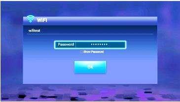 If the network is encrypted, select the Wi-Fi name to pop up the window for password, press OK on the remote control and call out the soft keypad on the screen, enter the password, select Next on the