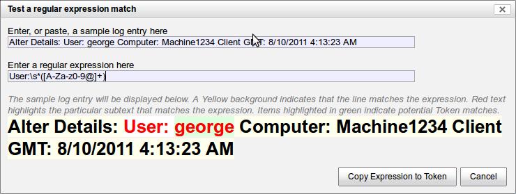 So, for example, assume the DETAILS field of an event includes the following string: Safend Protector File Logging Alter Details: User: george Computer: Machine1234 Client GMT: 8/10/2011 4:13:23 AM