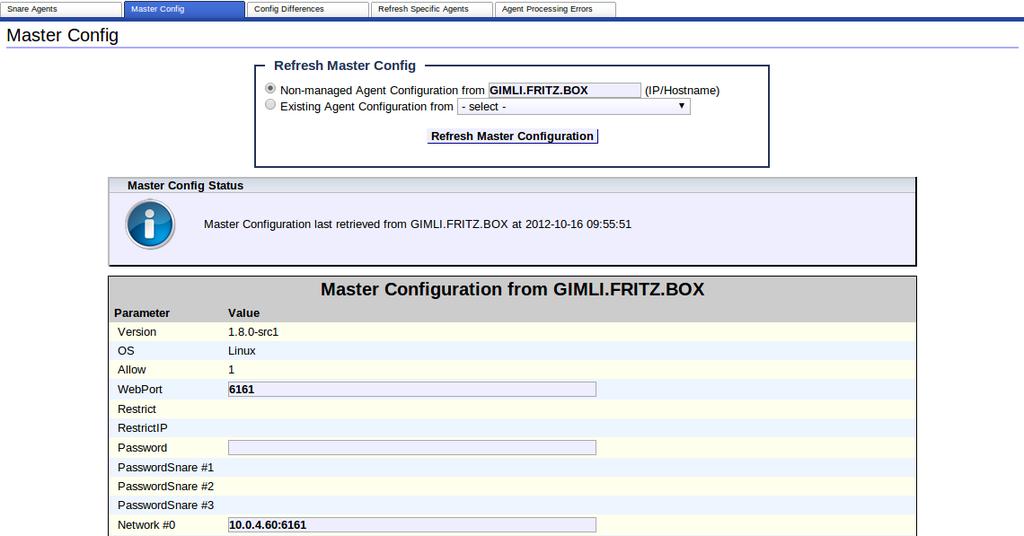 The Master Config tab provides a way to view the existing Master Configuration, refresh it with imported config from an Agent, or clear it completely.