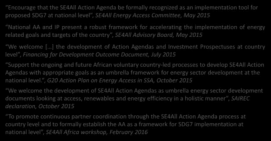 development of Action Agendas and Investment Prospectuses at country level, Financing for Development Outcome Document, July 2015 Support the ongoing and future African voluntary country-led