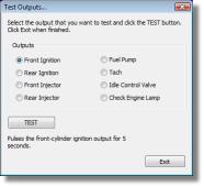 62 ProTune II 2. Select Test Outputs 3. Read the warning message that appears. Click OK (or press Enter) to continue to the test options or click Cancel (or press Esc) to return to the software. 4.