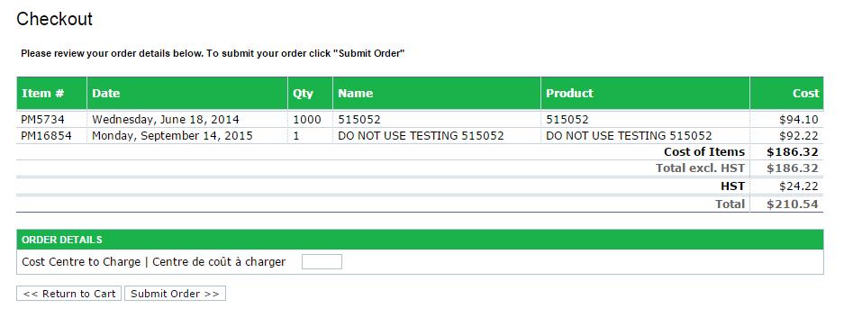 11. Add the Cost Centre that the order is being charged. This field is mandatory. Click on Submit Order. Once the order has been submitted it will punch back out to EREQ.