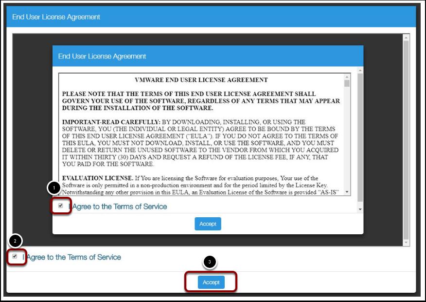 End User License Agreement You will agree to the End User License Agreement. 1. Check the I Agree to the Terms of Service checkbox.