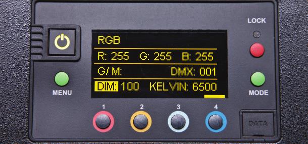Control Panel - RGB Mode A B C D RGB Mode A) Menu: Provides access to menu options such as General settings (RGB Mode), Reset, DMX and DMX Wireless settings.