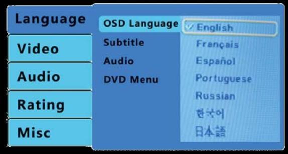 OSD Language: OSD menu setting allows users to choose language for OSD menu and Information Display set option.