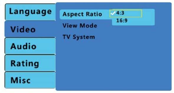 Video Settings: 16:9 (Wide-Screen): Choose this setting if your DVD player is connected to a wide-screen TV.