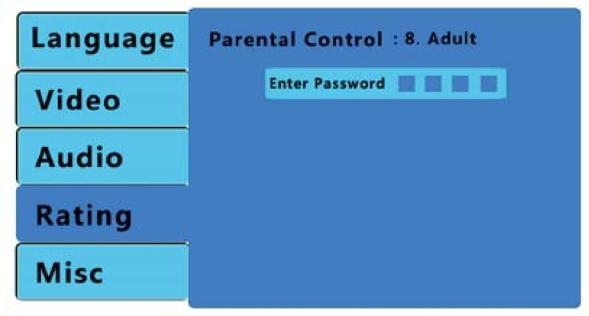The password option is locked, and you cannot set the ratings limit or change the password. In order for the Ratings feature to work, the password mode must be turned on.