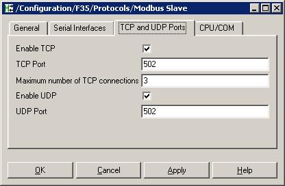 Modbus Slave 2.4.8.3 Tab TCP and UDP Ports The following parameters of the Modbus slave s TCP and UDP ports can be set in the tab TCP and UDP Ports.
